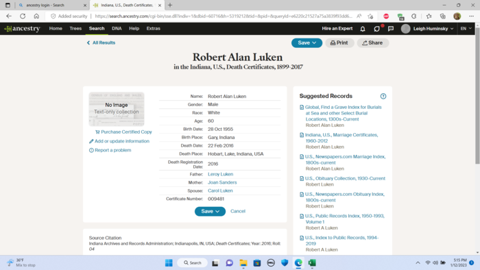 Robert Luken death certificate, Class of 1973