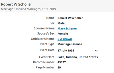 Robert Scholler marriage info, Class of 1931