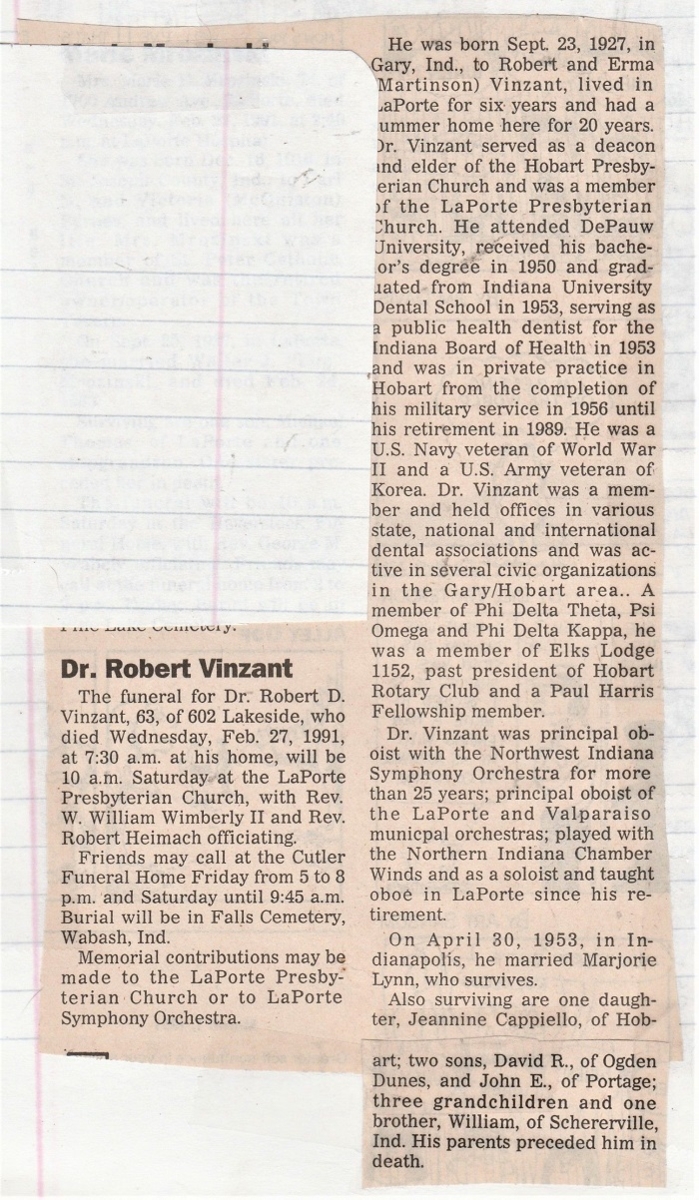 Robert Vinzant, obituary article, Class of 1945