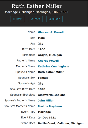 Ruth Miller Powell marriage info, Class of 1917