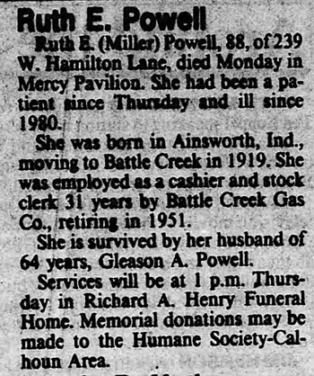 Ruth Miller Powell obituary info, Class of 1917