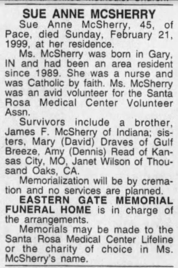 Sue McSherry obituary notice, Class of 1971