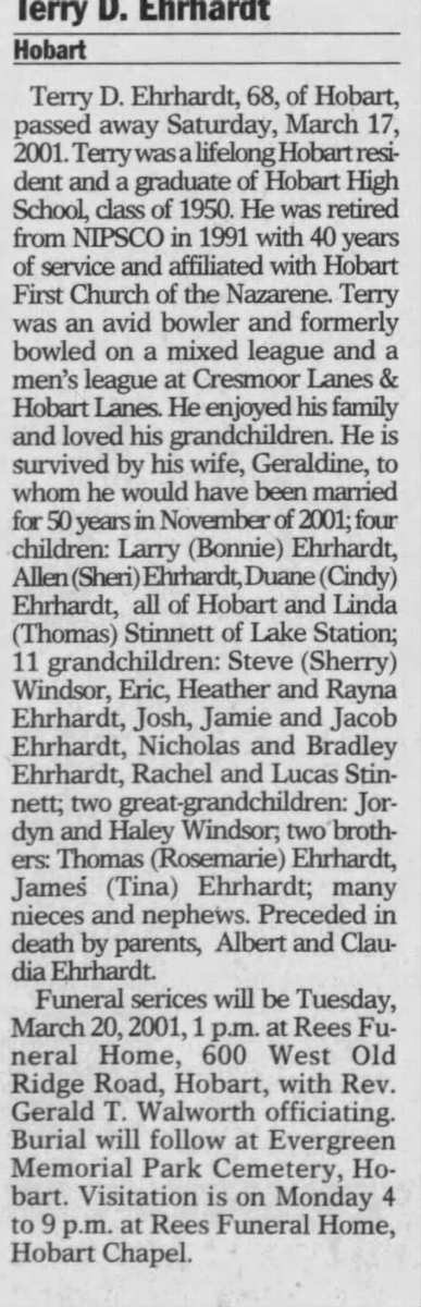 Terry Ehrhardt obituary, Class of 1950