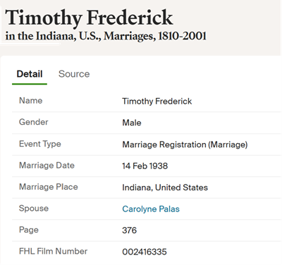 Tmothy Frederick marriage info, Class of 1928