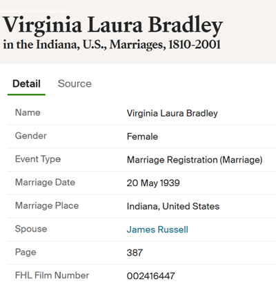 Virginia Bradley Russell marriage info, Class of 1935