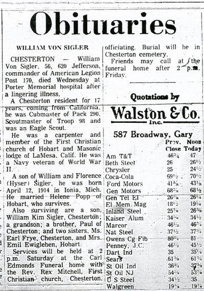William Von Sigler obituary notice, Class of 1931