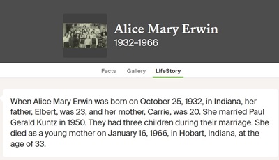 Alice Erwin Kuntz life info, Class of 1950