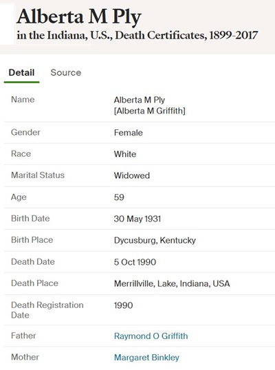 Alberta Griffith Ply death cert info, Class of 1950