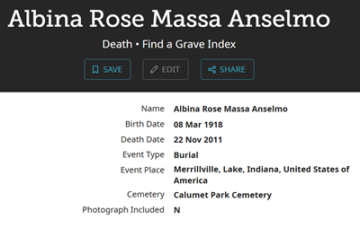 Albina Massa Anselmo obit info, Class of 1936