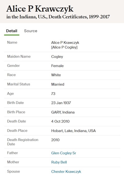 Alice Cogley Krawczyk death cert info, Class of 1955