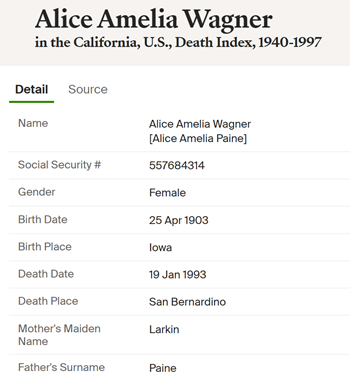 Alice Paine Woitish Wagner death info, Class of 1921
