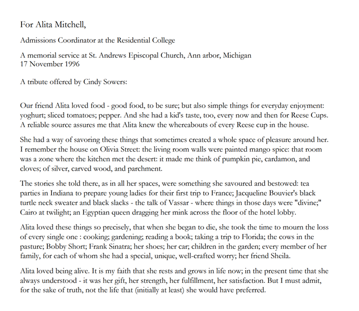 Alita Jones Mitchell tribute from Cindy Sowers