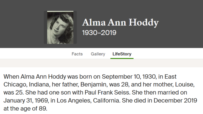 Alma Hoddy Seiss life info, Class of 1949