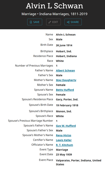 Alvin Schwan marriage info, Class of 1932