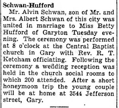 Alvin Schwan marriage notice, Class of 1932