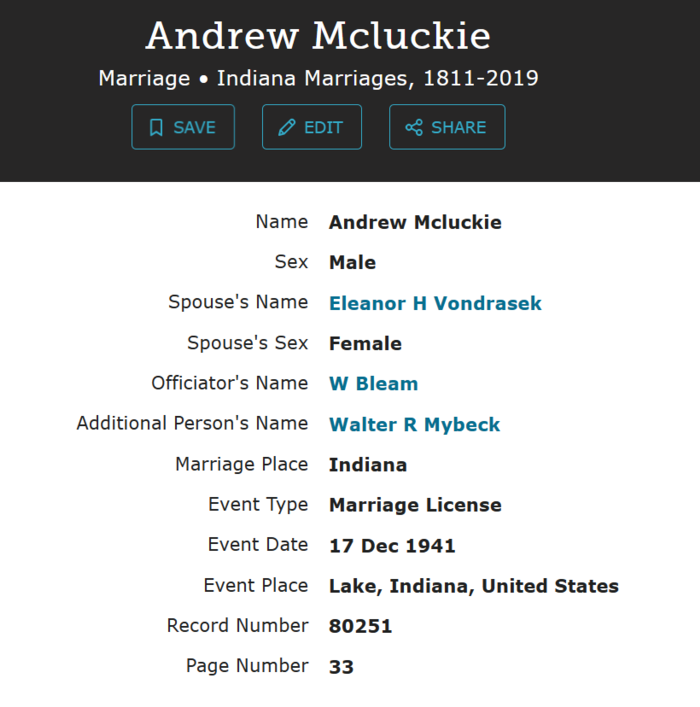 Andrew McLuckie marriage info, Class of 1936
