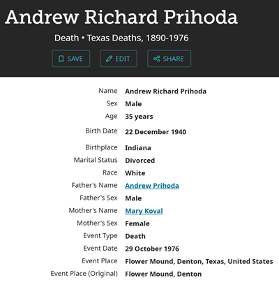 Andrew Richard Prihoda life info, Class of 1958