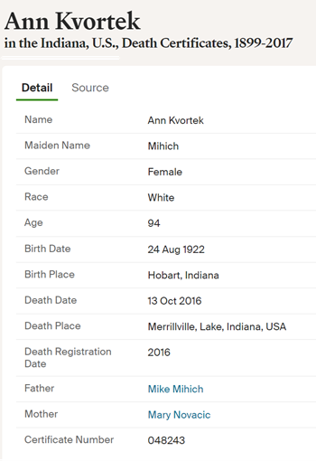 Anna (Ann) Mihich Kvortek death certificate info, Class of 1941