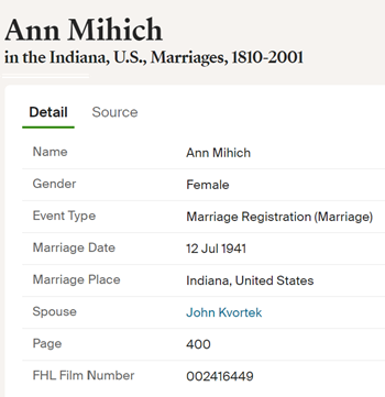 Anna (Ann) Mihich Kvortek marriage info, Class of 1941