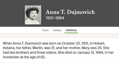 Anna Dujmovich life info, Class of 1950