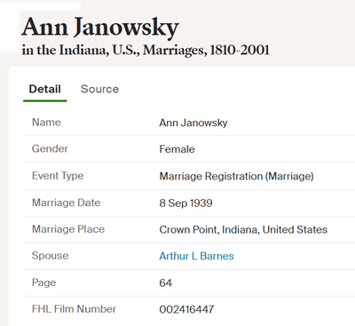 Anna (Annie() Janowsky marriage info, Class of 1933