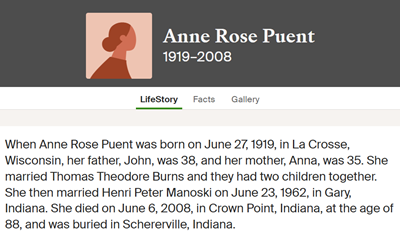 Anne Puent Burns life info, Class of 1937