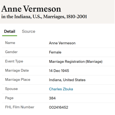 Anna (Anne) Vermeson Zbuka marriage info, Class of 1942