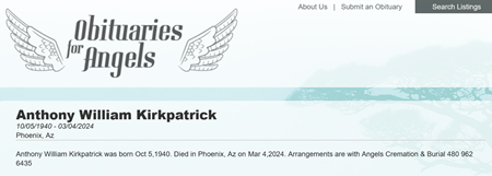 Anthony (Tony) Kirkpatrick obit notice, Class of 1958