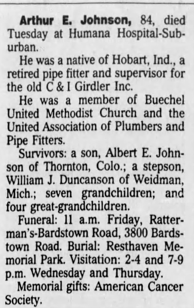 Arthur Johnson obituary, Class of 1925