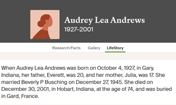 Audrey Andrews Busching life info, Class of 1945