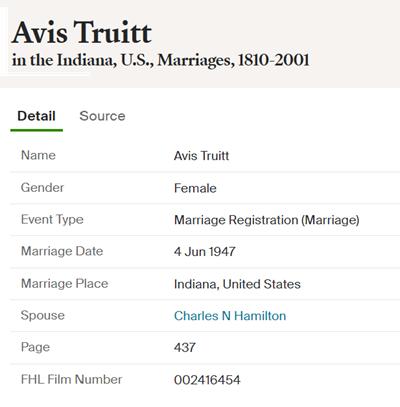 Avis Thompson Truitt Hamilton marriage info, Class of 1945