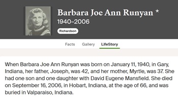 Barbara Runyon Mansfield life info, Class of 1958
