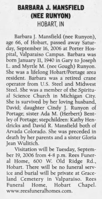 Barbara Runyon Mansfield obit, Class of 1958