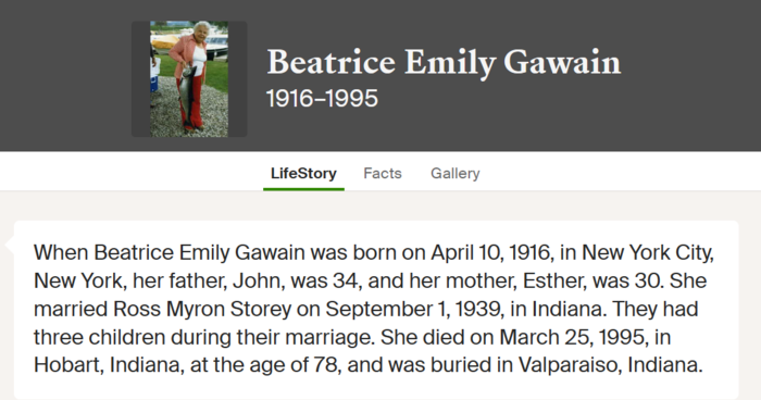 Beatrice Gawain Storey marriage info, Class of 1936