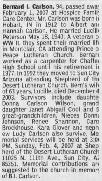 Bernard Carlson obituary, Class of 1930