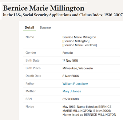 Bernice Lestikow Millington obit info, Class of 1934