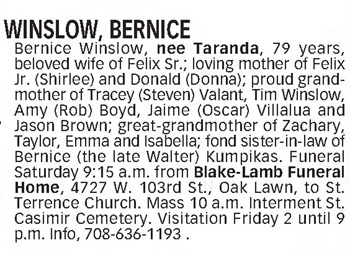 Bernice Taranda Winslow obit, Class of 1946