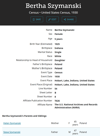 Bertha Szymanski census info, Class of 1943