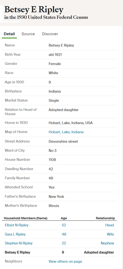 Betsey Ripley Armstrong 1930 census info, Class of 1939