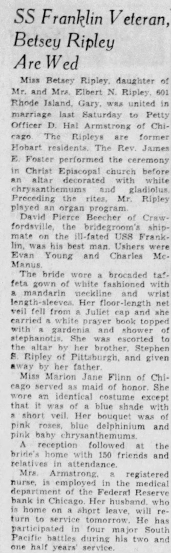 Betsey Ripley Armstrong marriage article, Class of 1939