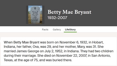 Betty Bryant George life info, Class of 1950
