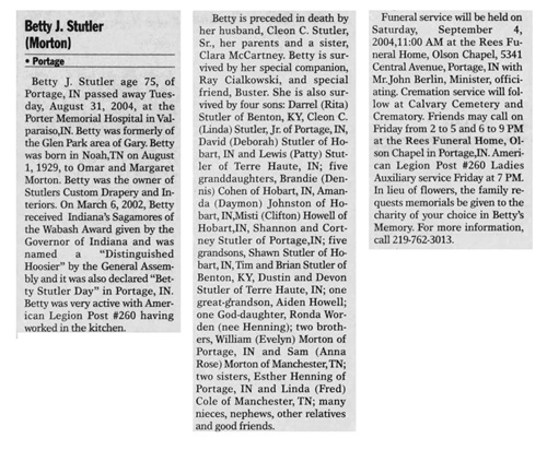 Betty Jo Morton Stutler obit, Class of 1947