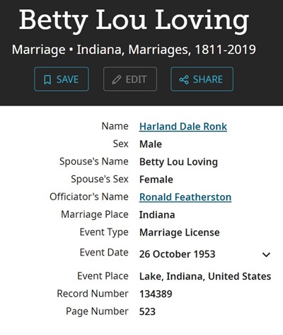 Betty Loving Ronk marriage info, Class of 1952