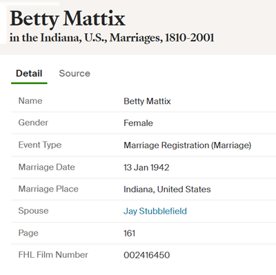 Betty Mattix Stubblefield marriage info, Class of 1936