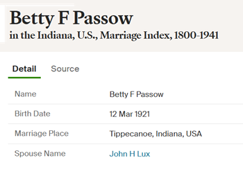 Betty Passow Lux marriage info, Class of 1939