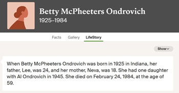 Betty Thompson Ondrovich life info, Class of 1944
