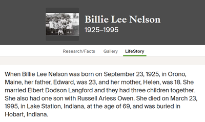 Billie Lee Nelson Owen life info, Class of 1943