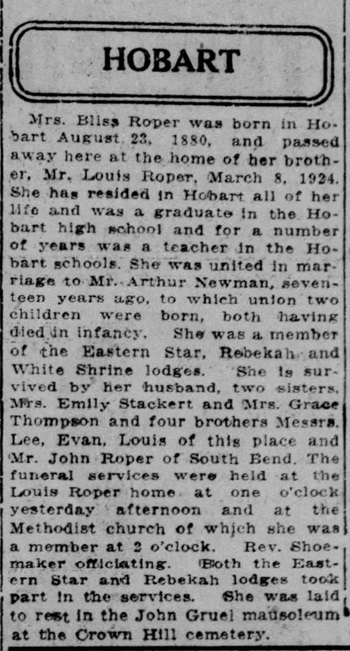 Bliss Roper Newman obituary article, Class of 1899