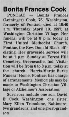 Bonita Leininger Cook obituary, Class of 1939