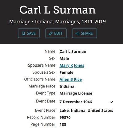 Carl Lawrence Surman marriage info, Class of 1943